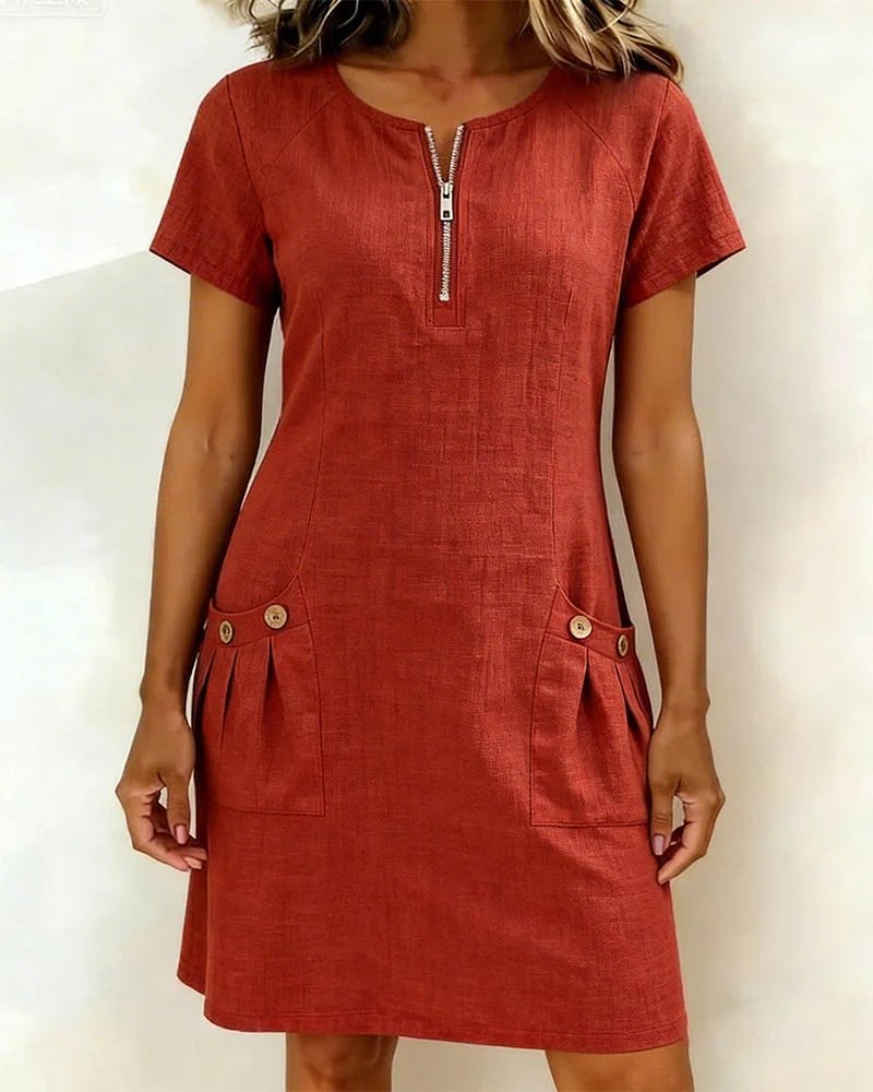 Élodie | A-Line Short-Sleeved Dress With Pocket & Zip