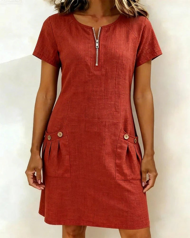 Élodie | A-Line Short-Sleeved Dress With Pocket & Zip