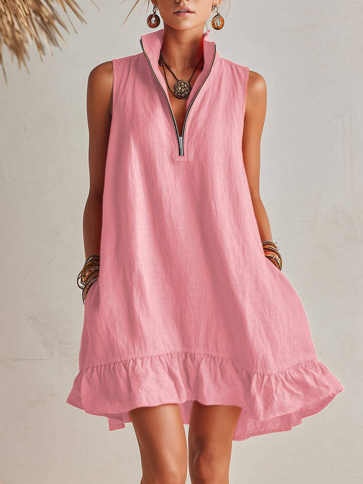 Vibrant Resort Orange Cotton Linen Half-Zip Stand Collar Ruffled Hem Mini Dress