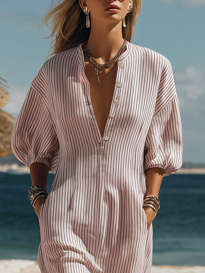 Casual Bohemian Black And Beige Striped Button Midi Dress