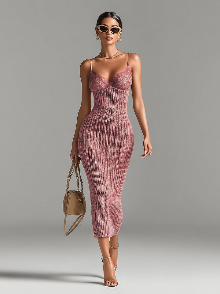 Valenza – Elegant Ribbed Lace Midi Dress