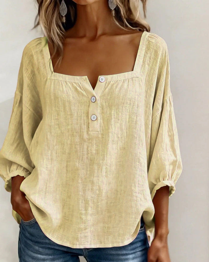 Arianne | Women's Square Neck Blouse 3/4 Puff Sleeve Button Top