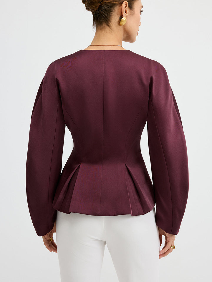 Metal Button Puff Sleeve Peplum Blazer