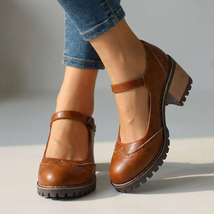 Amelia l Chunky T-Strap Mary Jane Heels Brown
