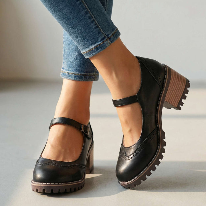 Amelia l Chunky T-Strap Mary Jane Heels Black