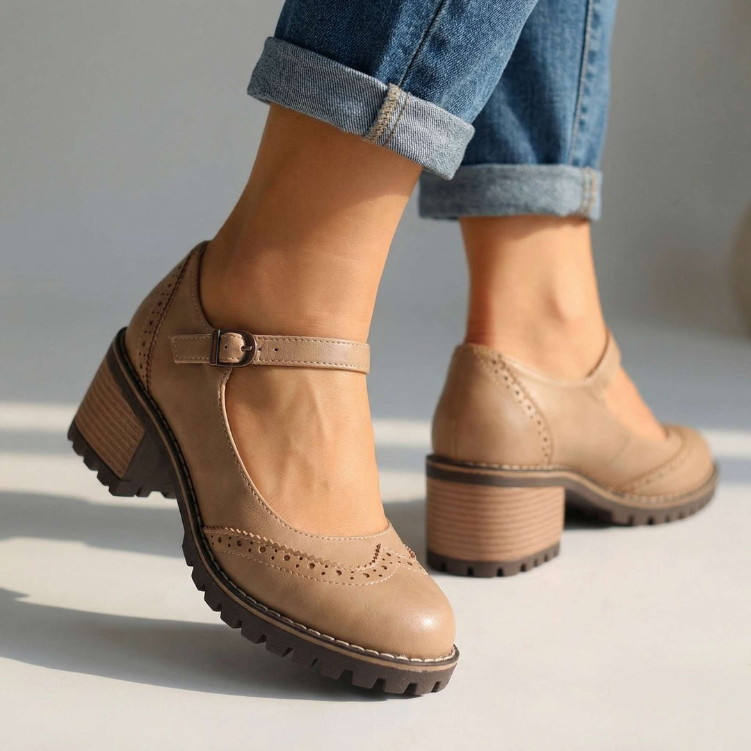 Amelia l Chunky T-Strap Mary Jane Heels Khaki