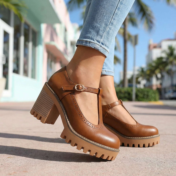 Jasmine Chunky T-Strap Mary Jane Heels Brown