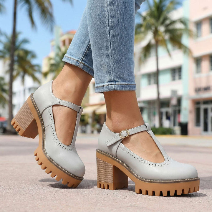 Jasmine Chunky T-Strap Mary Jane Heels Mist Blue