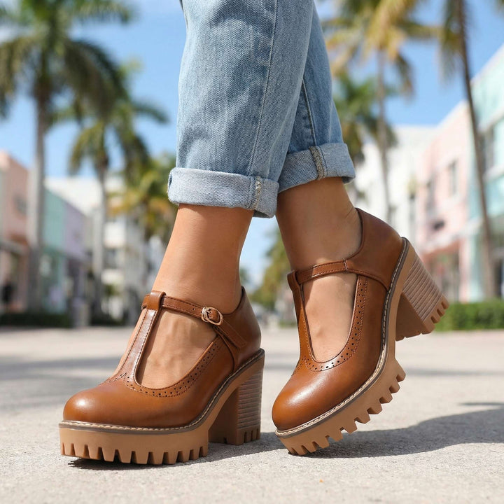 Jasmine Chunky T-Strap Mary Jane Heels Brown