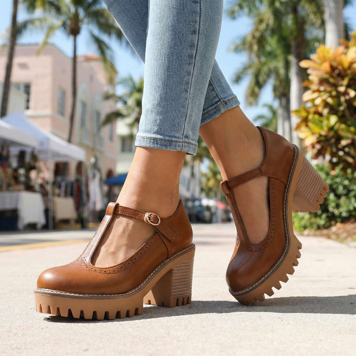 Jasmine Chunky T-Strap Mary Jane Heels Brown