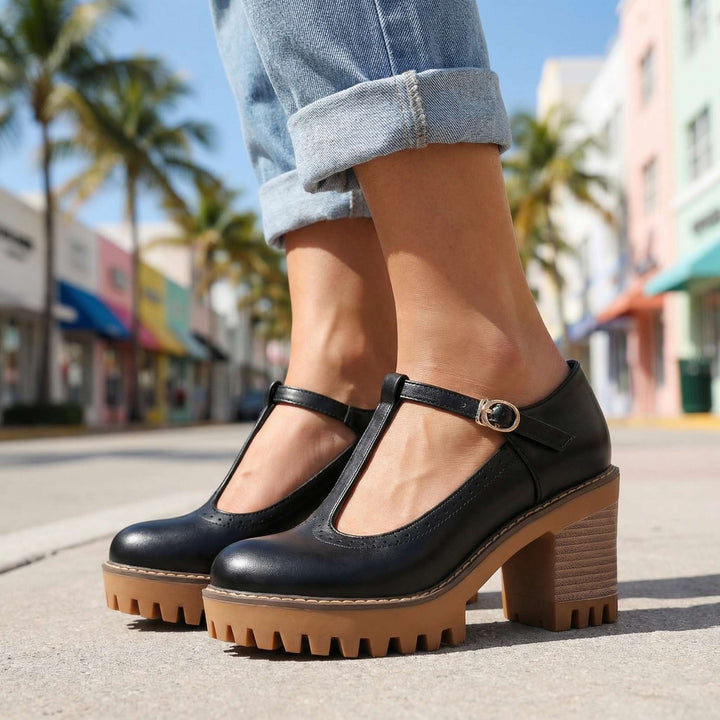 Jasmine Chunky T-Strap Mary Jane Heels Black