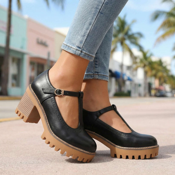 Jasmine Chunky T-Strap Mary Jane Heels Black