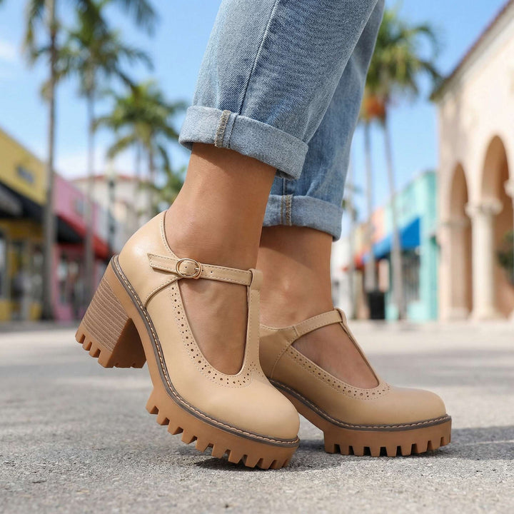 Jasmine Chunky T-Strap Mary Jane Heels Khaki