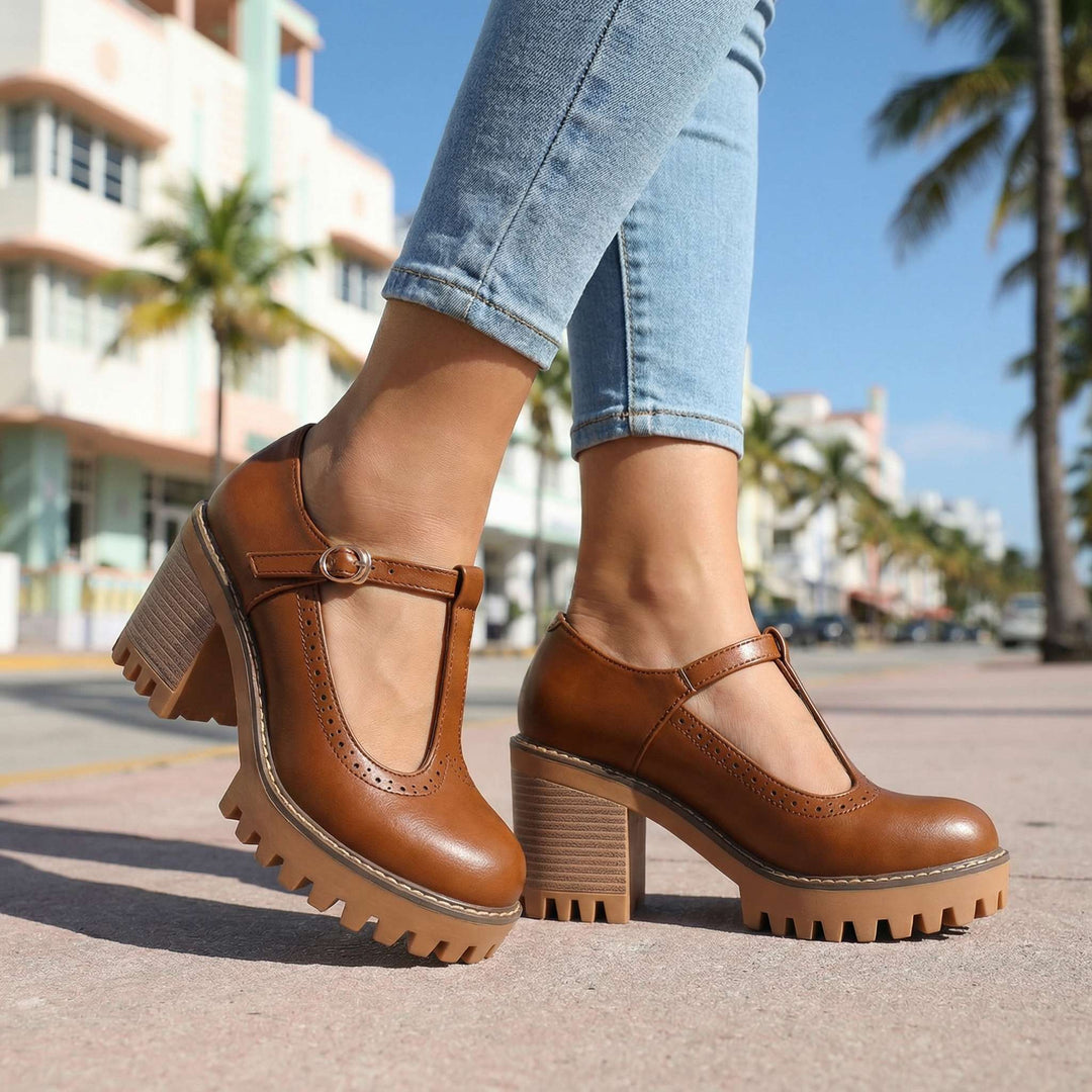 Jasmine Chunky T-Strap Mary Jane Heels Brown