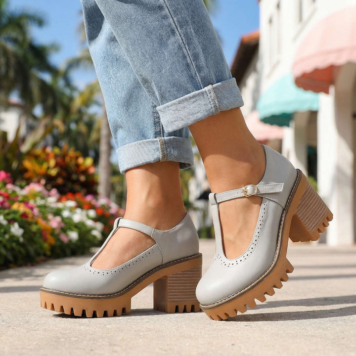 Jasmine Chunky T-Strap Mary Jane Heels Mist Blue