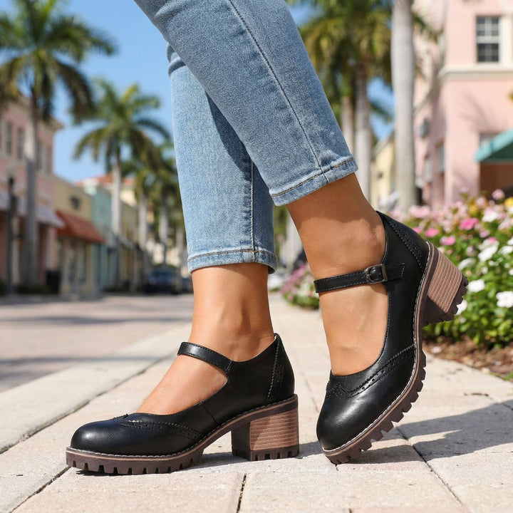 Amelia l Chunky T-Strap Mary Jane Heels Black