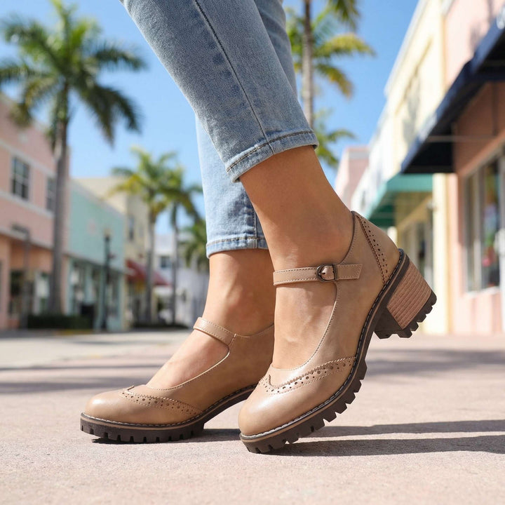 Amelia l Chunky T-Strap Mary Jane Heels Khaki