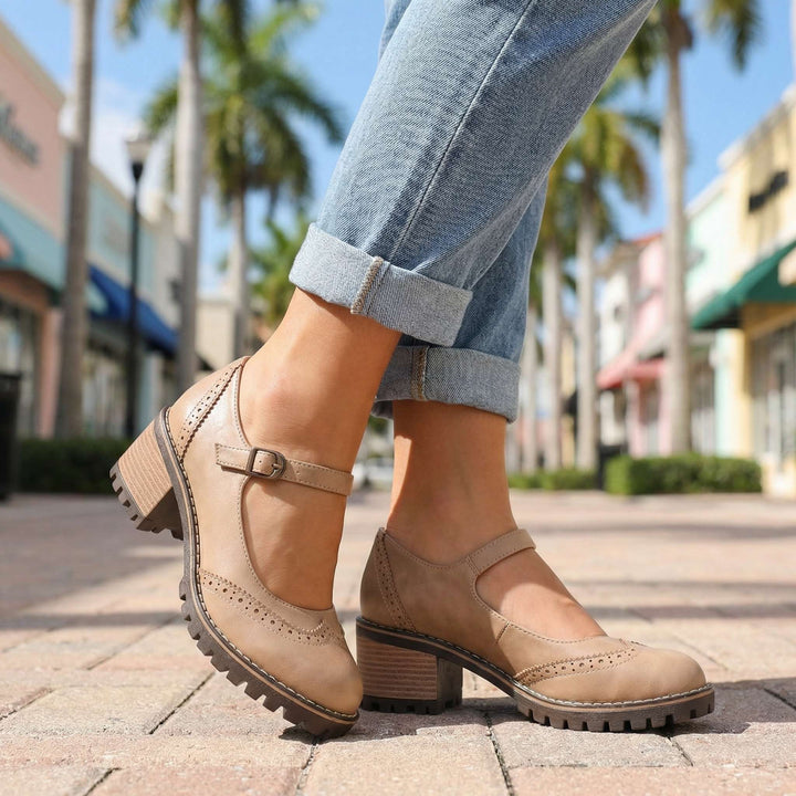 Amelia l Chunky T-Strap Mary Jane Heels Khaki