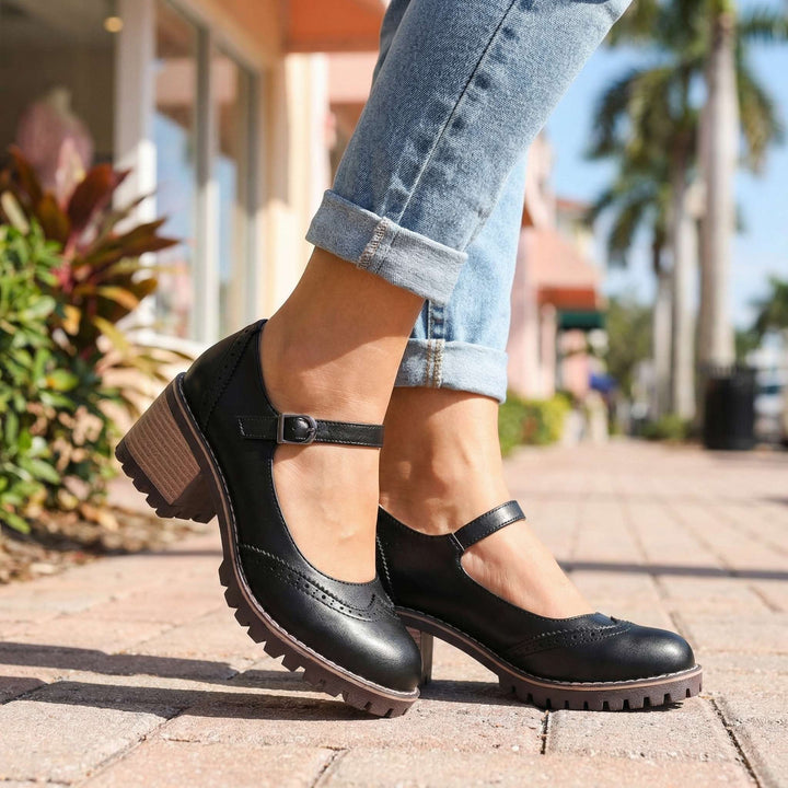 Amelia l Chunky T-Strap Mary Jane Heels Black