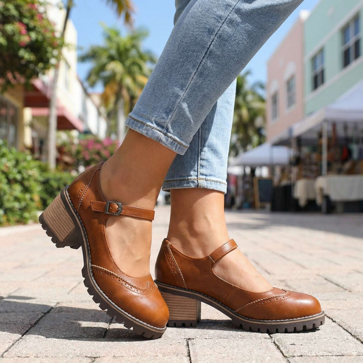 Amelia l Chunky T-Strap Mary Jane Heels Brown