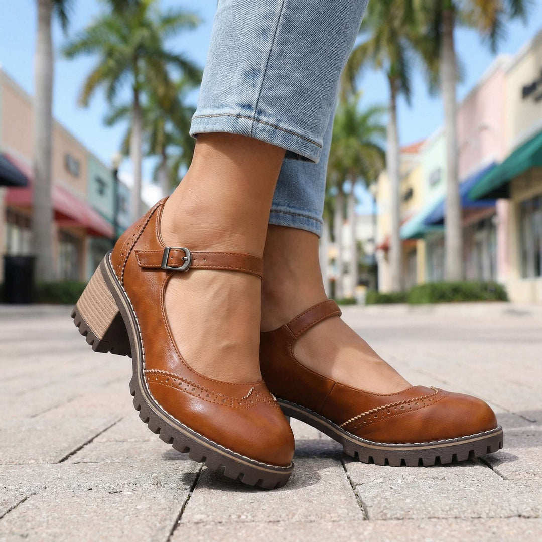 Amelia l Chunky T-Strap Mary Jane Heels Brown