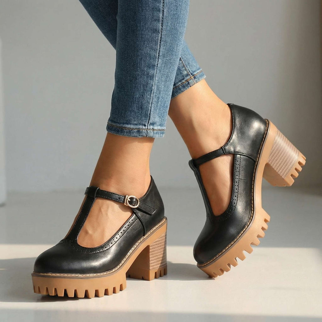 Jasmine Chunky T-Strap Mary Jane Heels Black