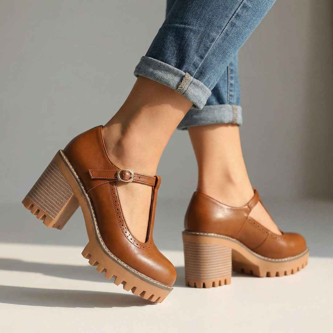 Jasmine Chunky T-Strap Mary Jane Heels Brown
