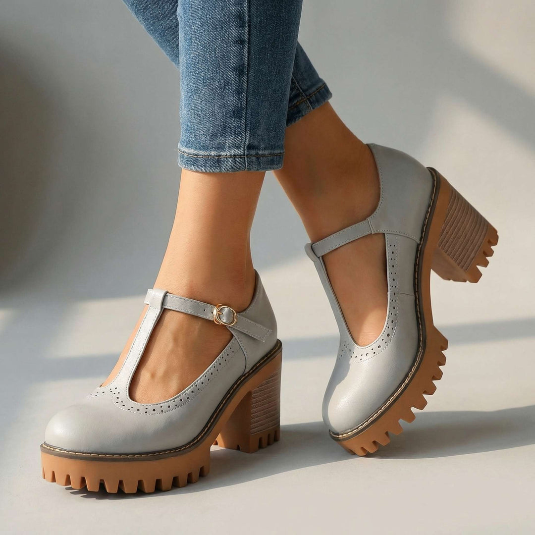 Jasmine Chunky T-Strap Mary Jane Heels Mist Blue