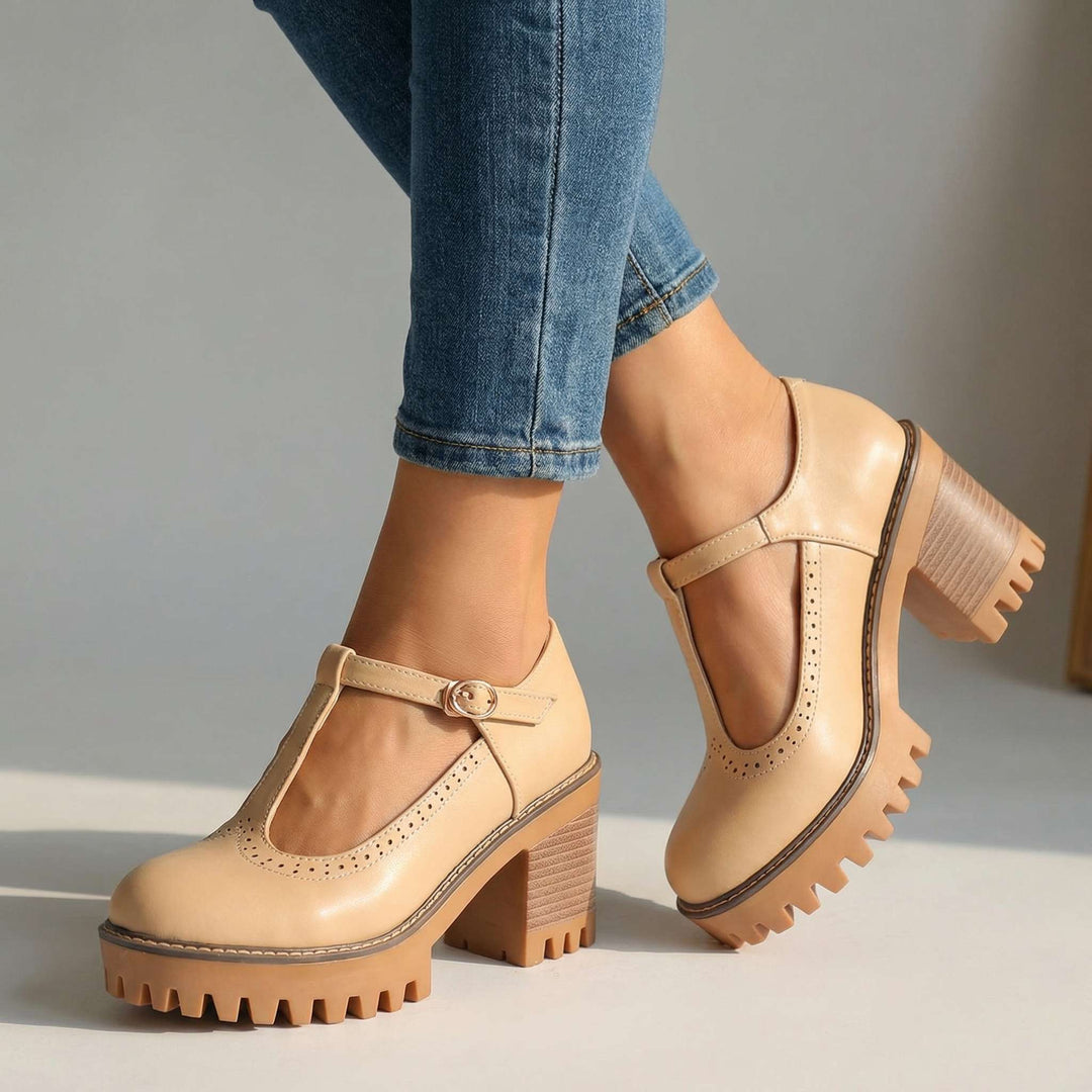 Jasmine Chunky T-Strap Mary Jane Heels Khaki