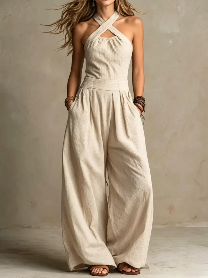 Bianca | Elegant Cross-Neck Linen & Cotton Jumpsuit