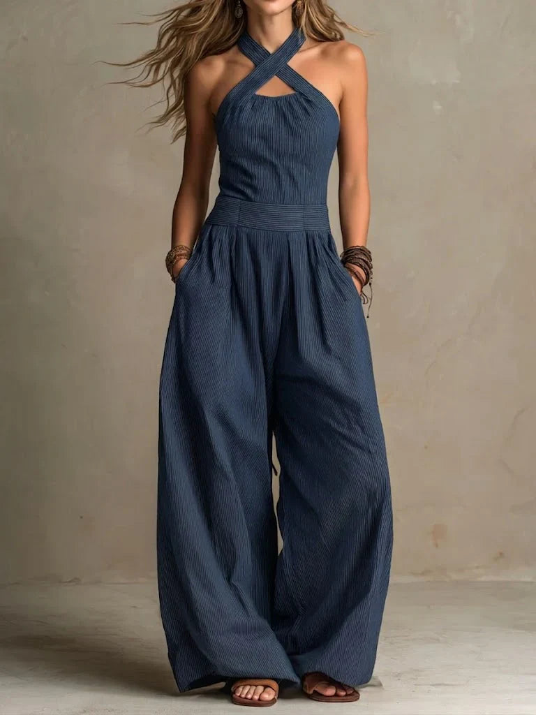 Bianca | Elegant Cross-Neck Linen & Cotton Jumpsuit