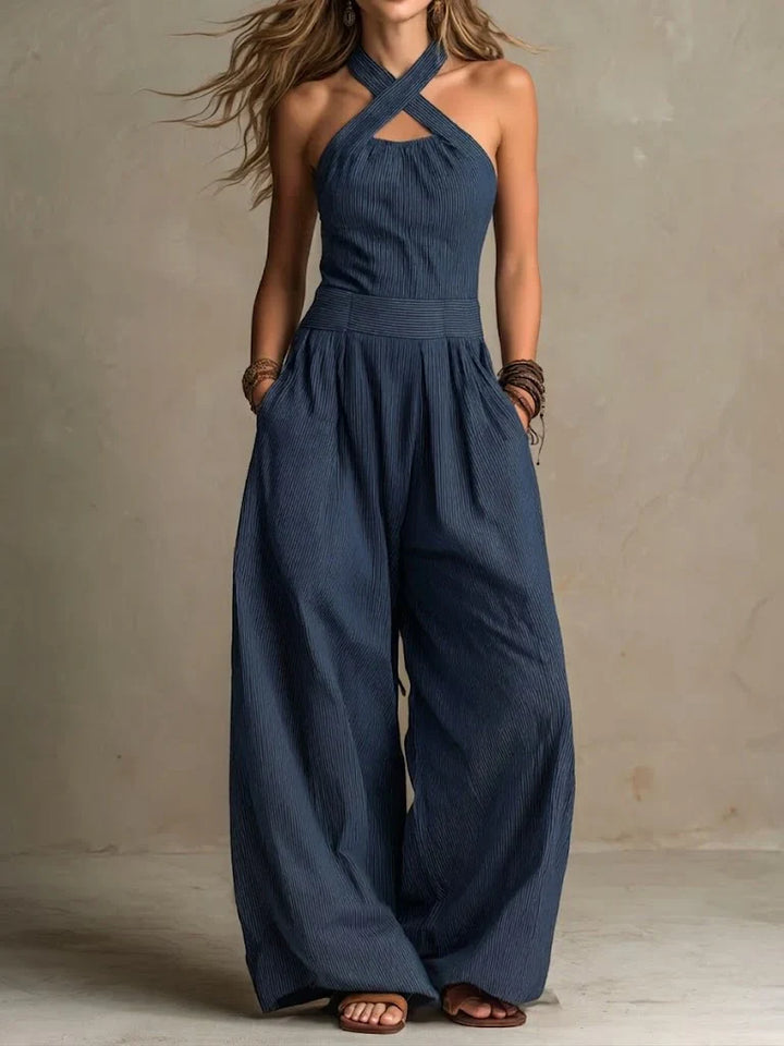 Bianca | Elegant Cross-Neck Linen & Cotton Jumpsuit